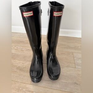 Hunter Glossy Black Extended back adjustable Rain Boots- Wide Width calf